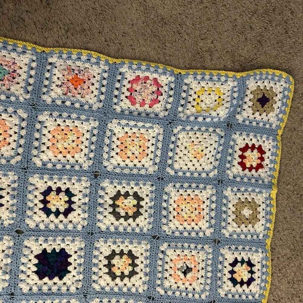 Vintage Crochet Afghan Granny Square Pastel Handmade Baby Blanket 65”x39”